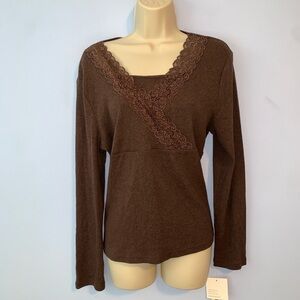 Croft & Barrow Brown Lace babydoll ribbed Long Sleeve Top faux wrap PL NWT